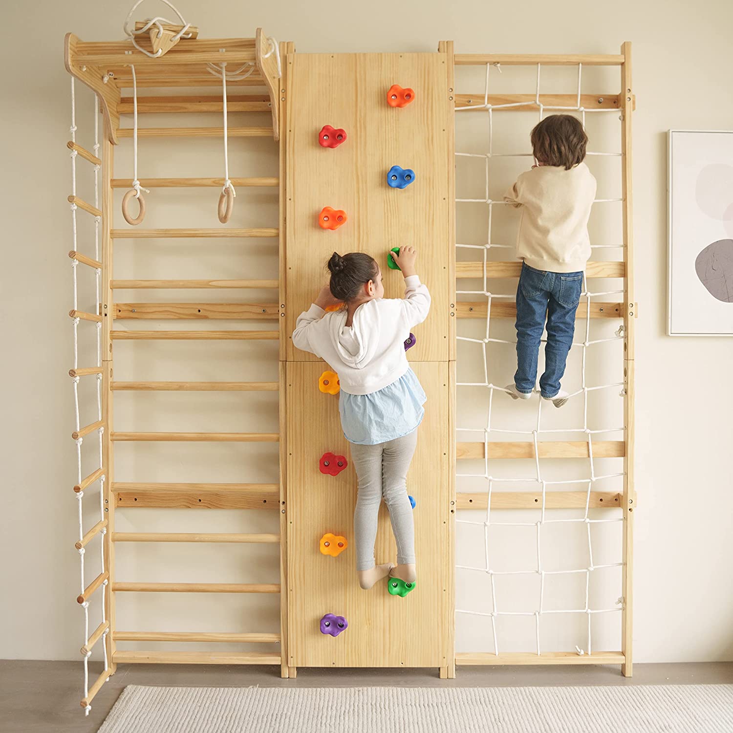 Juego de gimnasio de pared con escalera sueca 9 en 1 de nogal